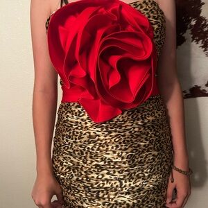 Pinup / retro Leopard Print Dress with Red Floral Accent